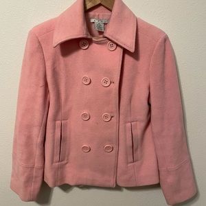 Cabi Womens Pink Coat Sz M Medium Wool Blend Double Breast. Stains Around Collar